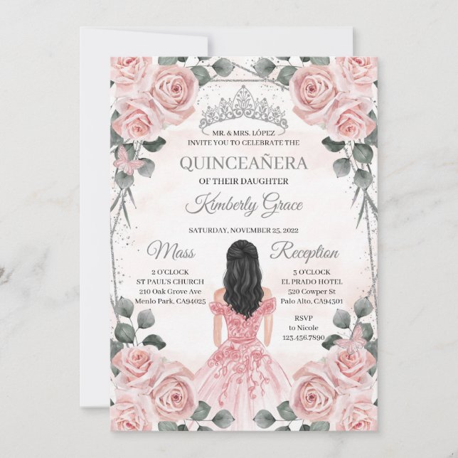 Invitation Anniversaire de Quinceanera, princesse rose et gri (Devant)