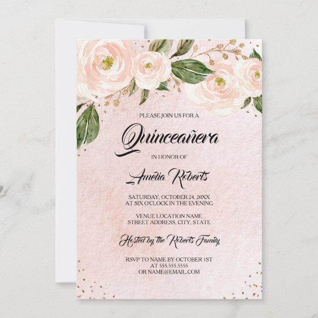 Invitation Anniversaire de Quinceanera rose or (Devant)