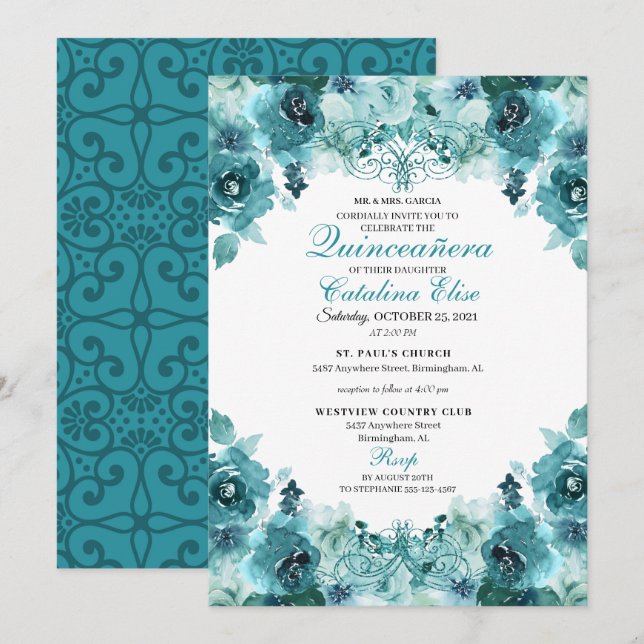 Invitation Anniversaire de Quinceanera Turquoise (Devant / Derrière)
