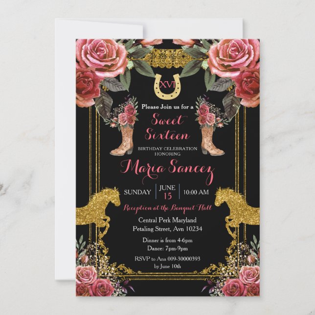 Invitation Anniversaire de Red Maron Sweet sixteen Horse Char (Devant)