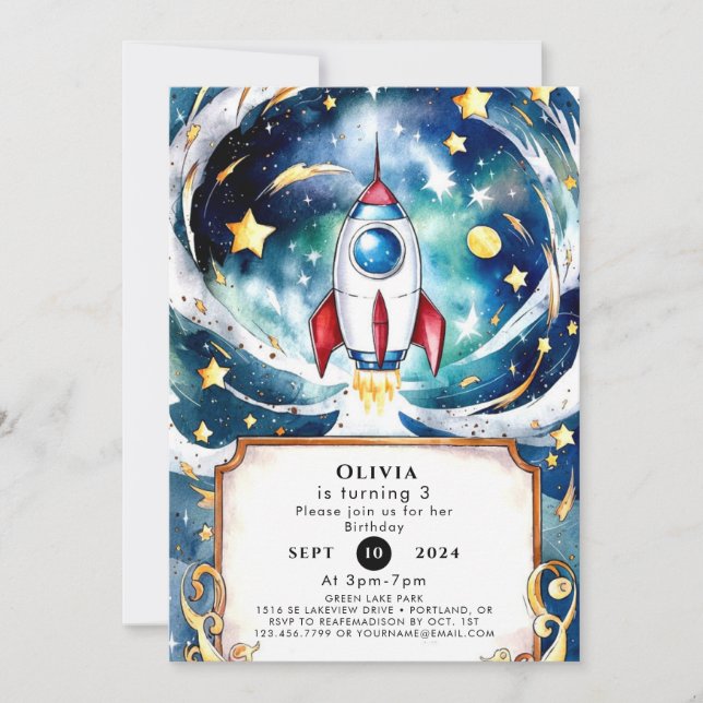 Invitation Anniversaire de roquette galaxy enchantée (Devant)