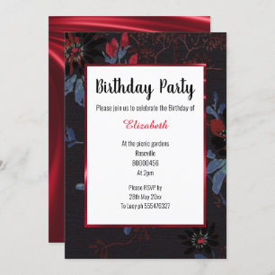 INVITATION ANNIVERSAIRE DE SATIN D'ARBRE FLORAL ROUGE NOIR