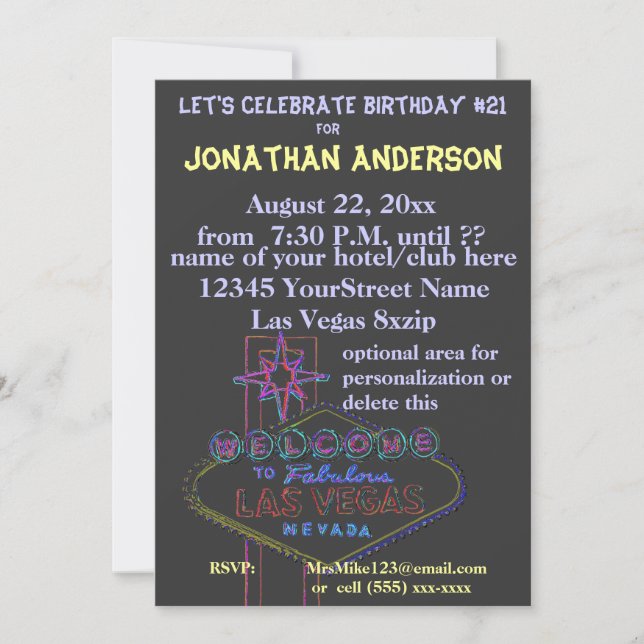 Invitation Anniversaire de signe de bande de Las Vegas 21ème (Devant)