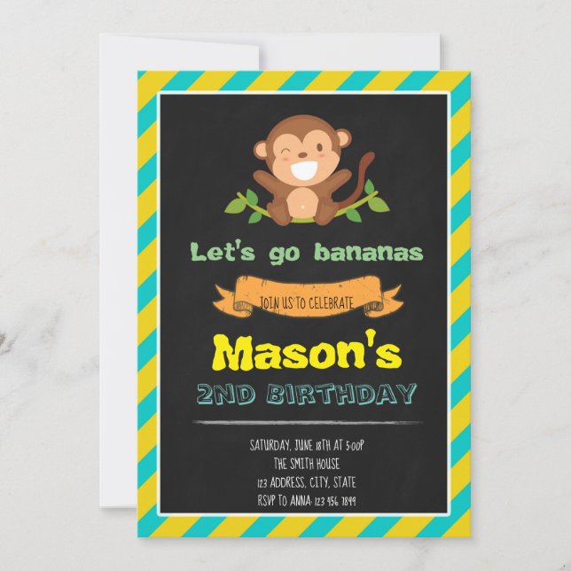 Invitation Anniversaire de singe jaune et bleu (Devant)