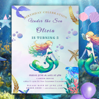 Invitation Anniversaire de sirène pourpre et or sous la mer