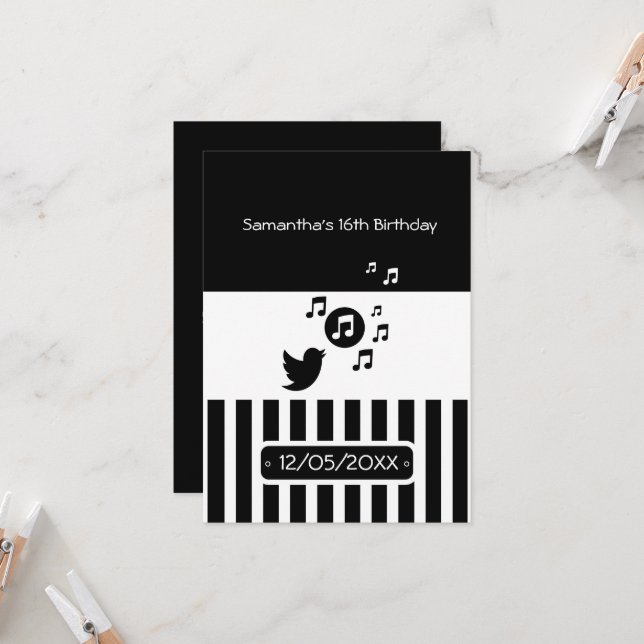 Invitation Anniversaire de Songbird Black White Stripes (Devant/Arrière en situation)