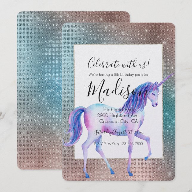 Invitation Anniversaire de Sparkly Unicorn (Devant / Derrière)