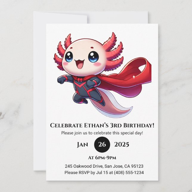 Invitation Anniversaire de Superhero Axolotl (Devant)