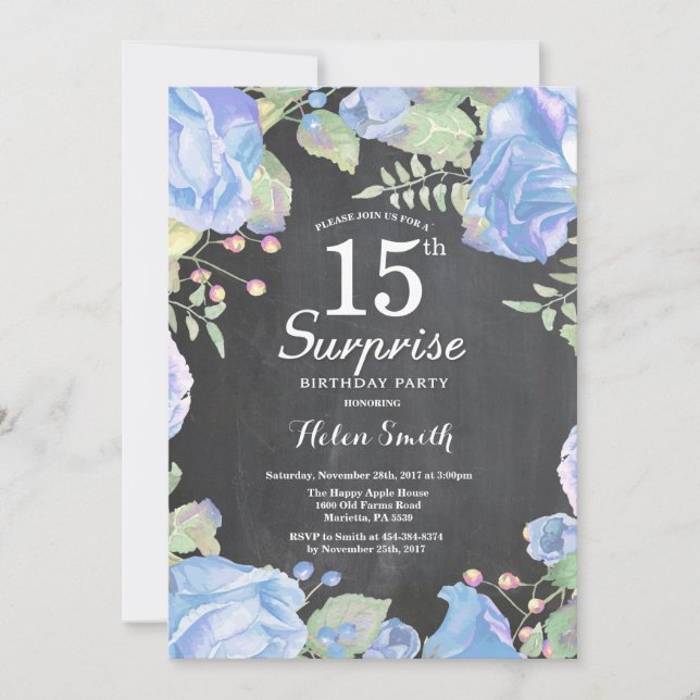 Invitation Anniversaire de surprise florale bleue botanique (Devant)