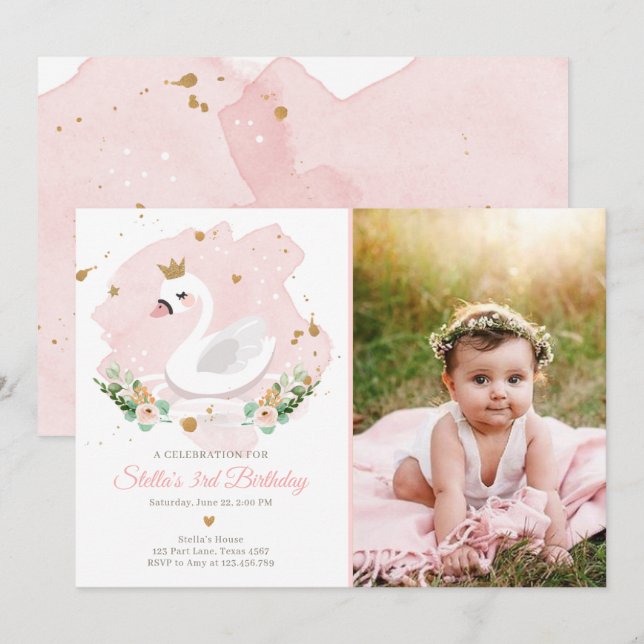 Invitation Anniversaire de Swan Girl Princess Pink (Devant / Derrière)