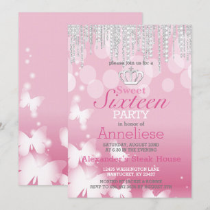Invitation Anniversaire de sweet sixteen - rose et diamants