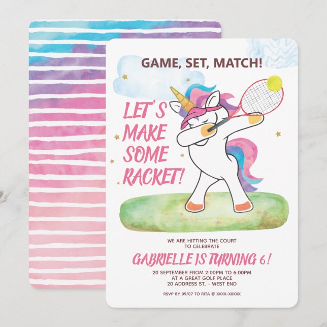 Invitation Anniversaire de Tennis Unicorn (Devant / Derrière)