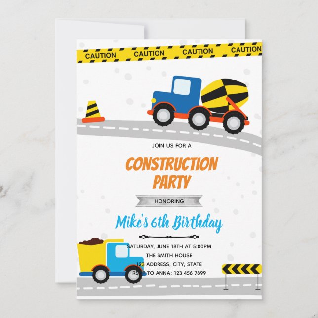 Invitation Anniversaire de transport de construction bleu (Devant)