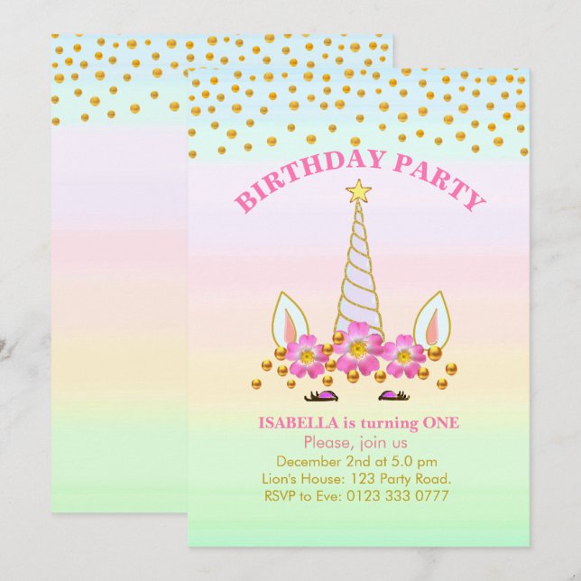 Invitation Anniversaire de Unicorne, Fleurs et Confetti (Devant / Derrière)