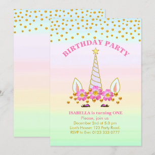 Invitation Anniversaire de Unicorne, Fleurs et Confetti