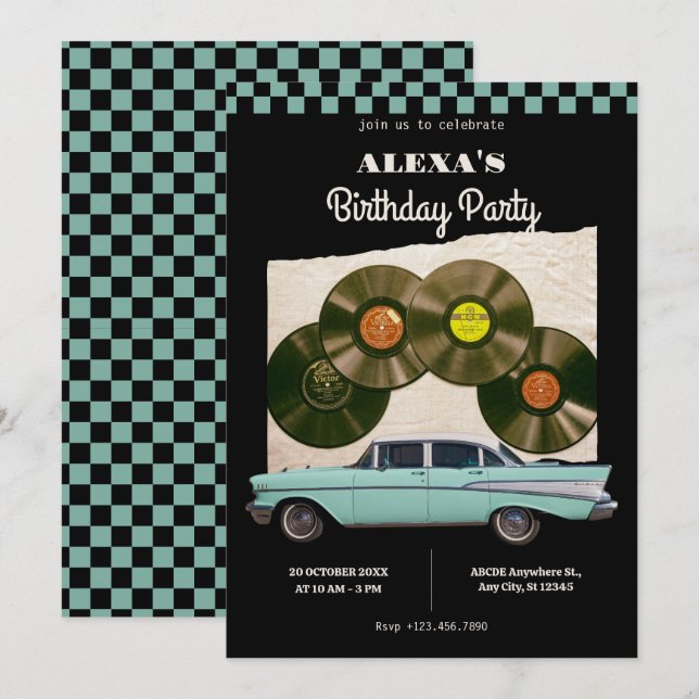 Invitation Anniversaire de voiture rétro classique (Devant / Derrière)