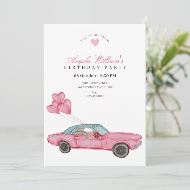 Invitation Anniversaire de voiture rose aquarelle (Debout devant)