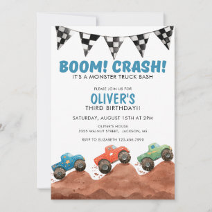 Invitation Anniversaire de voitures colorées de Monster Truck