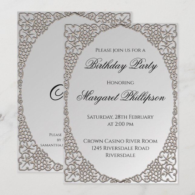 Invitation Anniversaire décoratif en argent élégant personnal (Devant / Derrière)
