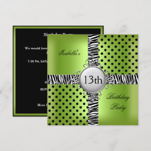 Invitation Anniversaire des 13 ans Fête Lime Verte Noir Zèbre
