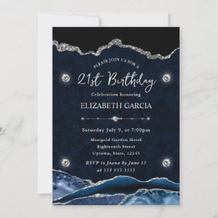 Invitation Anniversaire des 21 ans Agate Pailleté Bleu et Arg