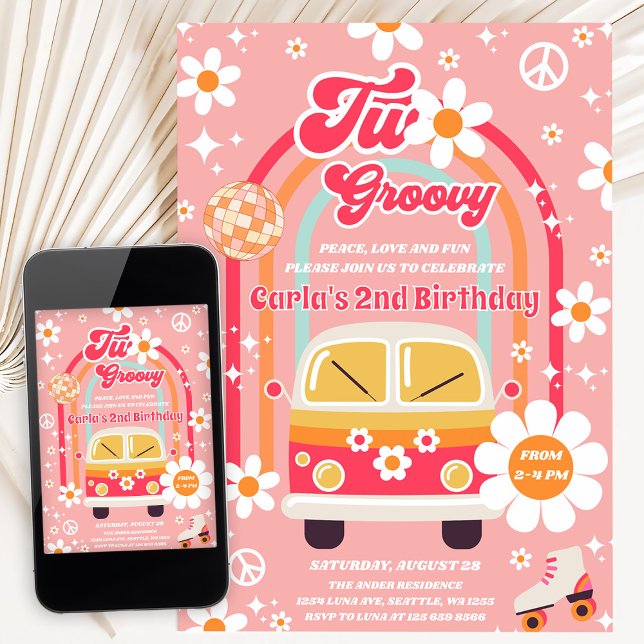 Invitation Anniversaire des 2 ans Retro Hippie Daisy Rainbow  (Créateur téléchargé)