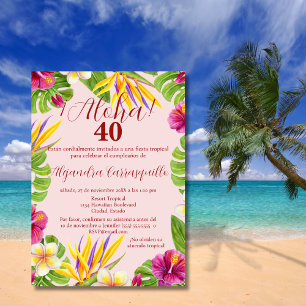 Invitation Anniversaire des 40 ans Luau Rose Tropical Espagno