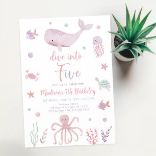 Invitation Anniversaire des 5 ans sous la mer pastel rose