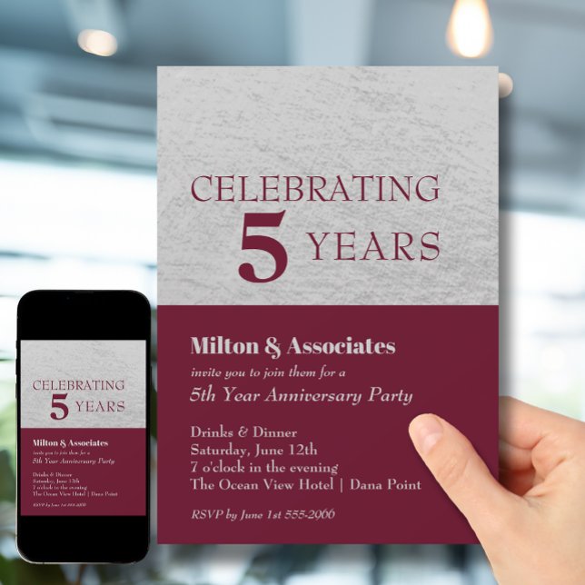 Invitation Anniversaire des affaires Bourgogne Argent (Change to ANY YEAR. Order printed and instant download (great to email as a reminder.))