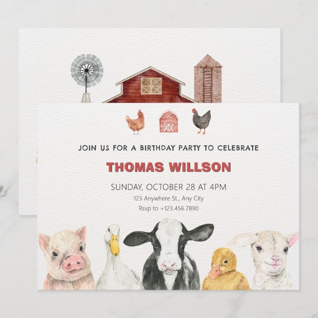 Invitation Anniversaire des animaux de ferme (Devant / Derrière)