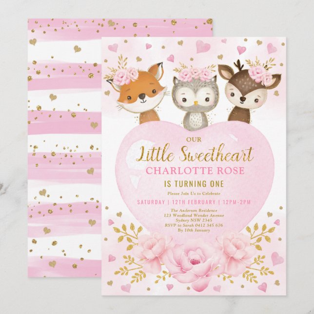 Invitation Anniversaire des animaux des bois de l'or rose (Devant / Derrière)