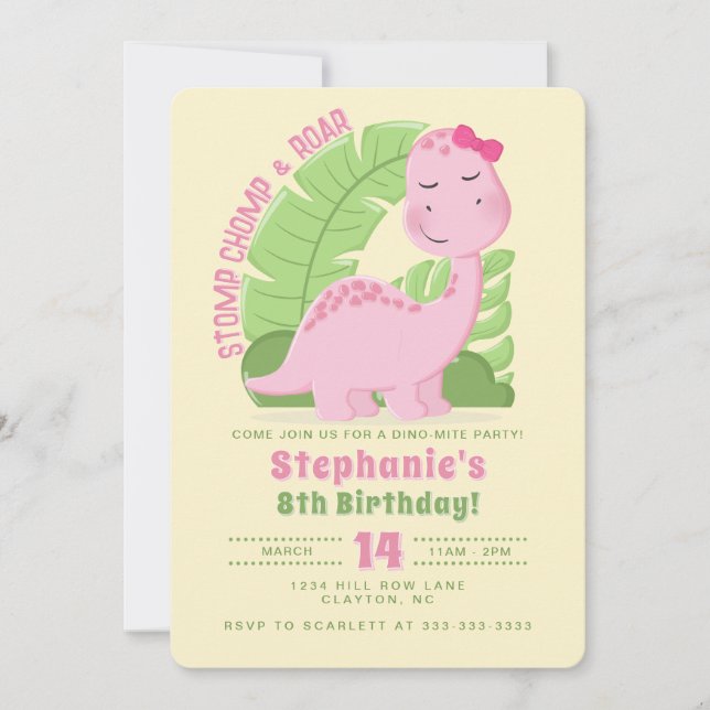 Invitation Anniversaire des dinosaures roses (Devant)