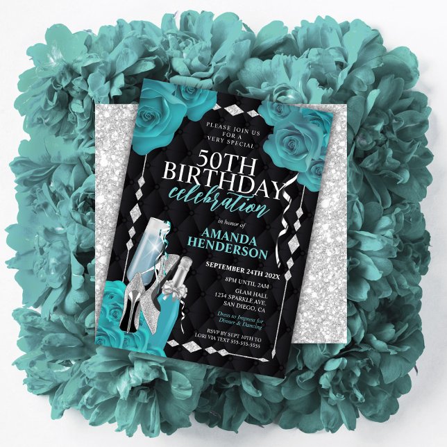 Invitation Anniversaire des femmes Turquoise et argent (Créateur téléchargé)