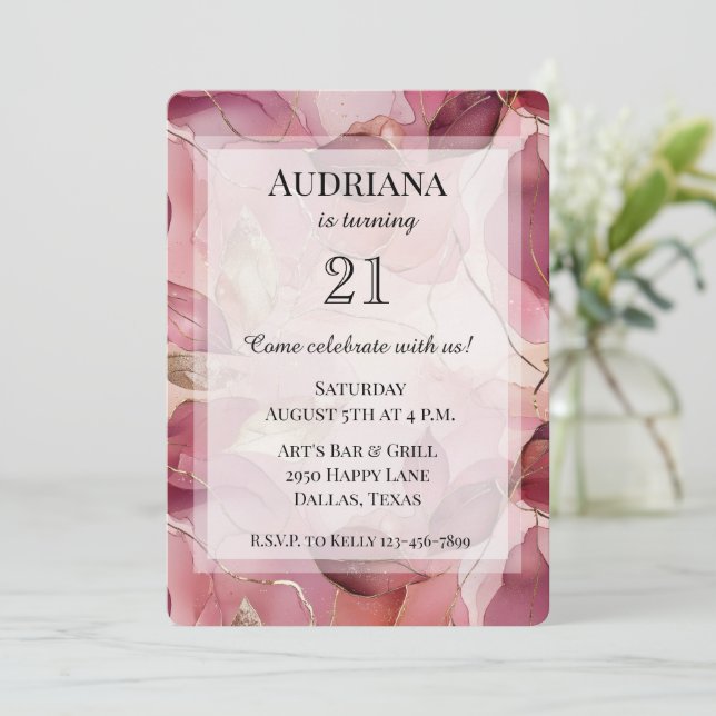 Invitation Anniversaire des Feuilles d'or rose (Debout devant)