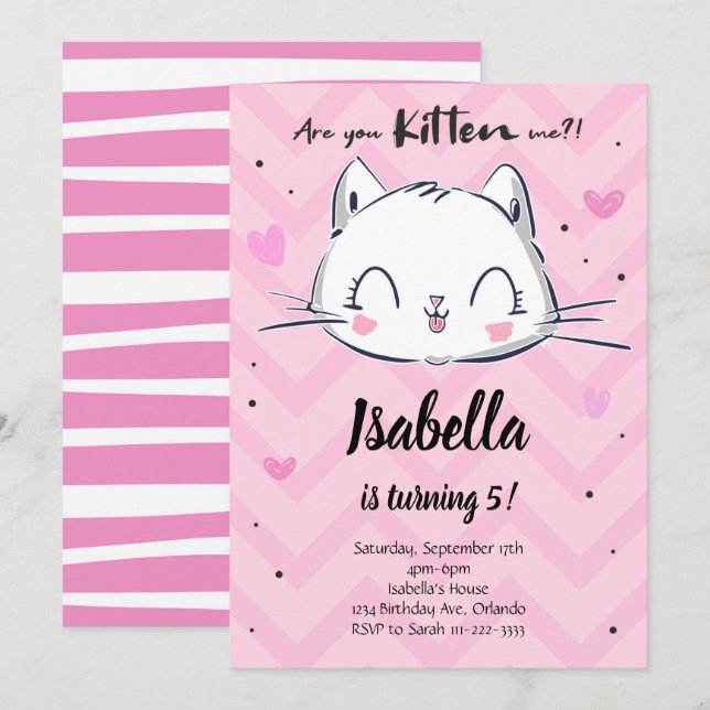 Invitation Anniversaire des filles roses de Kitten (Devant / Derrière)