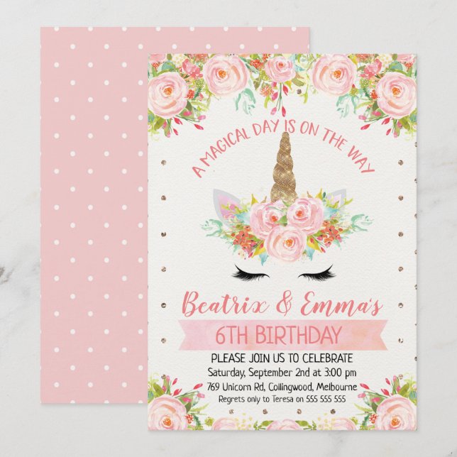 Invitation Anniversaire Des Filles Twins Ou Unicor (Devant / Derrière)