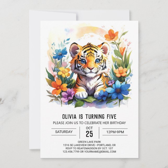 Invitation Anniversaire des fleurs sauvages et tigres (Devant)