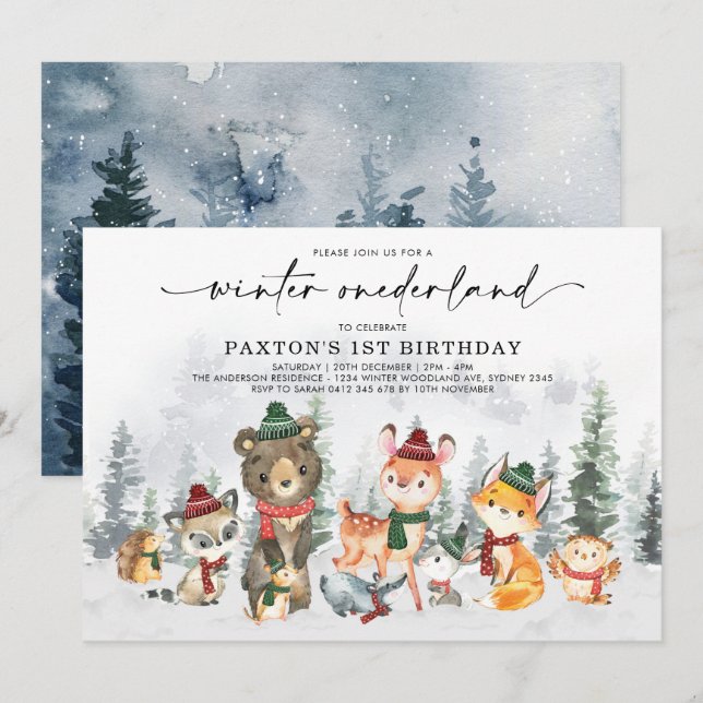 Invitation Anniversaire des forêts d'animaux d'hiver de neige (Devant / Derrière)