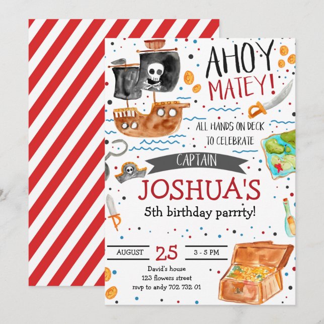 Invitation Anniversaire des pirates Ahoy Pirate Boy Party (Devant / Derrière)