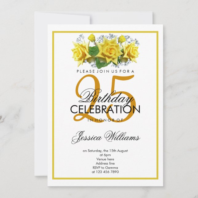 Invitation Anniversaire des roses jaunes romantiques (Devant)