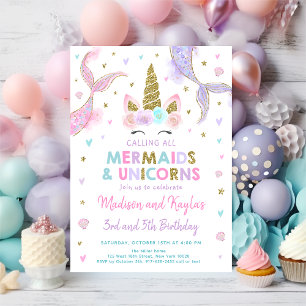 Invitation Anniversaire des Sirènes et Licornes Pastel