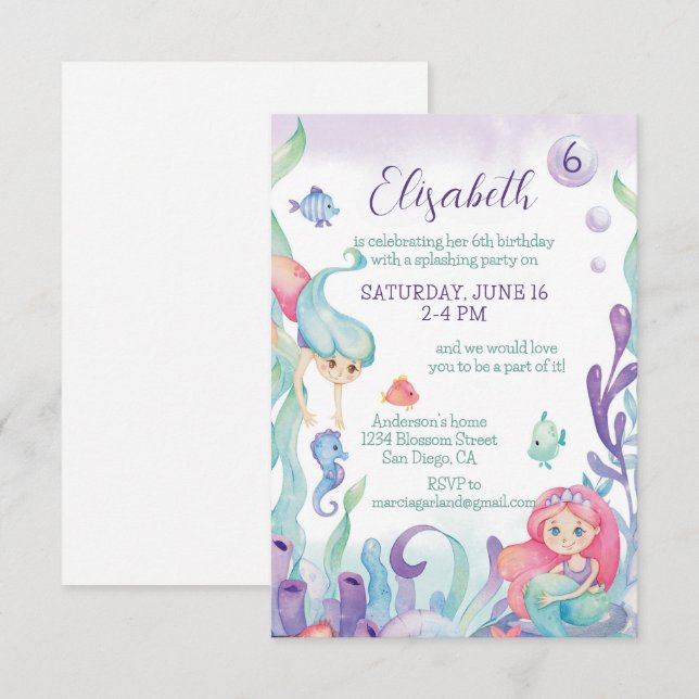Invitation Anniversaire des sirènes marines (Devant / Derrière)