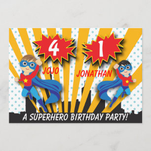 Invitation Anniversaire des Twins Superhero  Garçons Brown/Ch