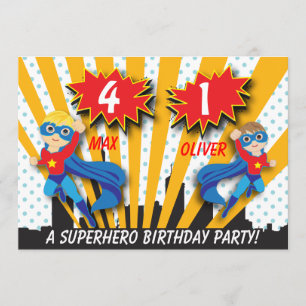 Invitation Anniversaire des Twins Superhero  Garçons Brown/Ch