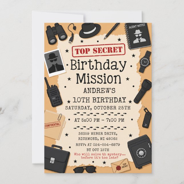 Invitation Anniversaire d'espion personnalisé top secret (Devant)