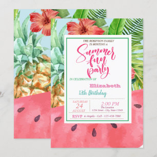 Invitation Anniversaire d'été Ananas, Pastèque, Feuilles de P