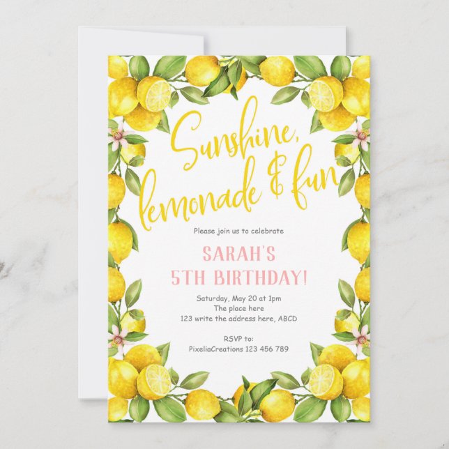 Invitation Anniversaire d'été, citron, anniversaire de fille (Devant)