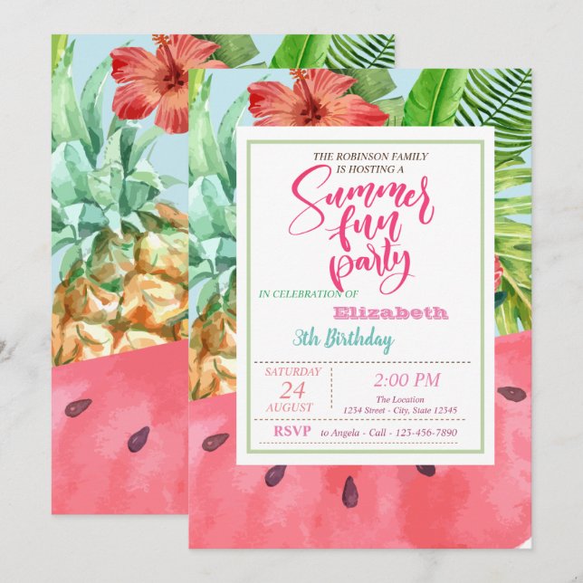 Invitation Anniversaire d'été de l'ananas, de la pastèque Pal (Devant / Derrière)