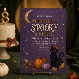 Invitation Anniversaire d'Halloween de chat noir parfaitement