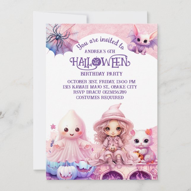 Invitation Anniversaire d'Halloween rose Kawaii (Devant)